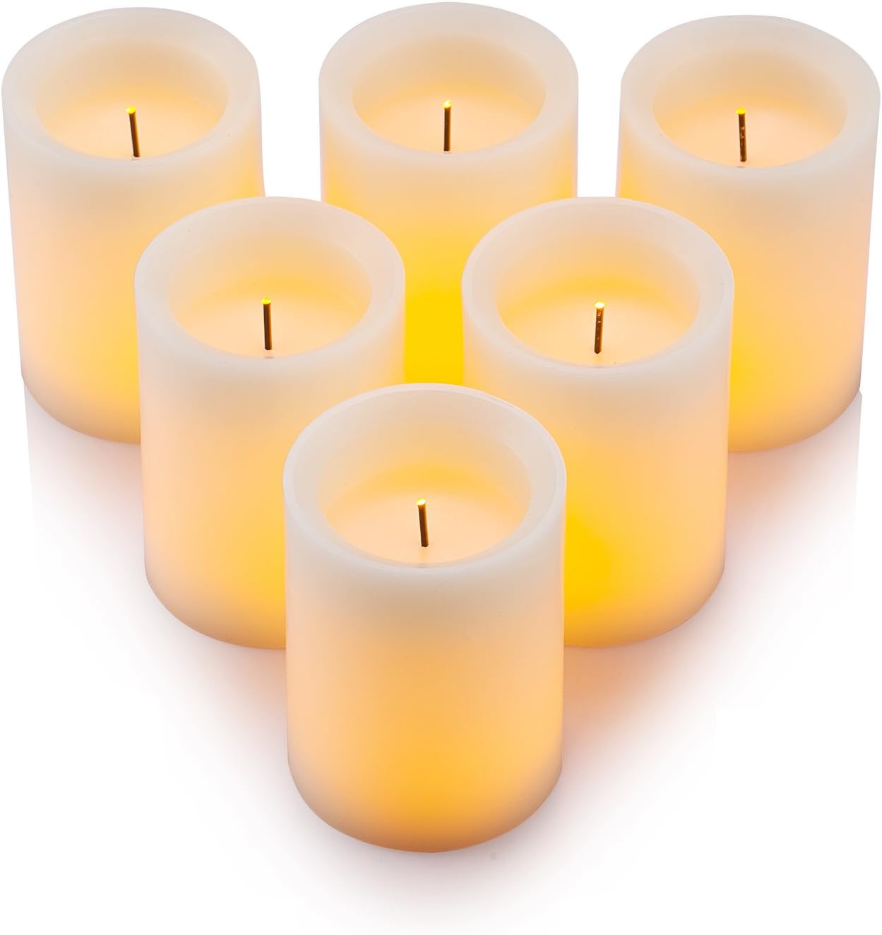 Flameless Flickering LED Candles 3" X 4" with 10-Key Remote Control Timer Classic Pillar Optical Fiber Wick Real Wax Battery Operated Candles, Ivory Color, Set of 6