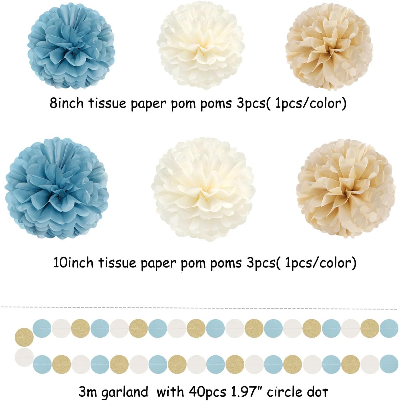 Light-Dusty Blue Beige-Champagne Boho Party Decorations - 23pcs Baby Bridal Shower Tissue Pom Poms Streamers,Women Girls Birthday Tassel Garland Banner,Bachelorette Wedding Decor Backdrop Ouruola