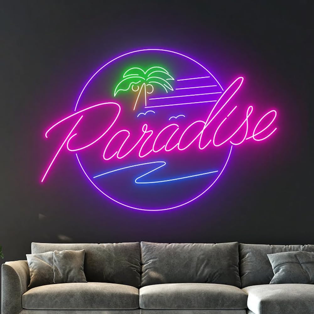 Paradise Ocean Waves Palm Tree Neon Sign, Beach Led Sign, Holiday Led Light, Tropical Island Led Sign, Pool Party Room Wall Decor, Best Gift Size:16inches