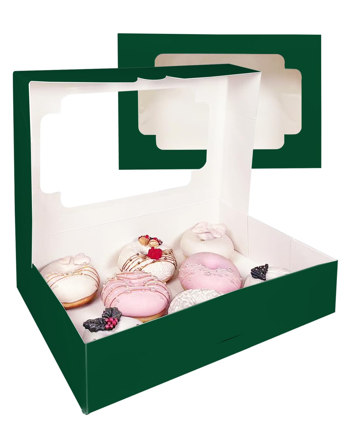 qiqee Auto-pop up Deep Green Cookie Box with Window 12x8x2.5 inch 32 Packs Two Uses One Second Folding Pastry Biscuit Bakery Box for Packaging