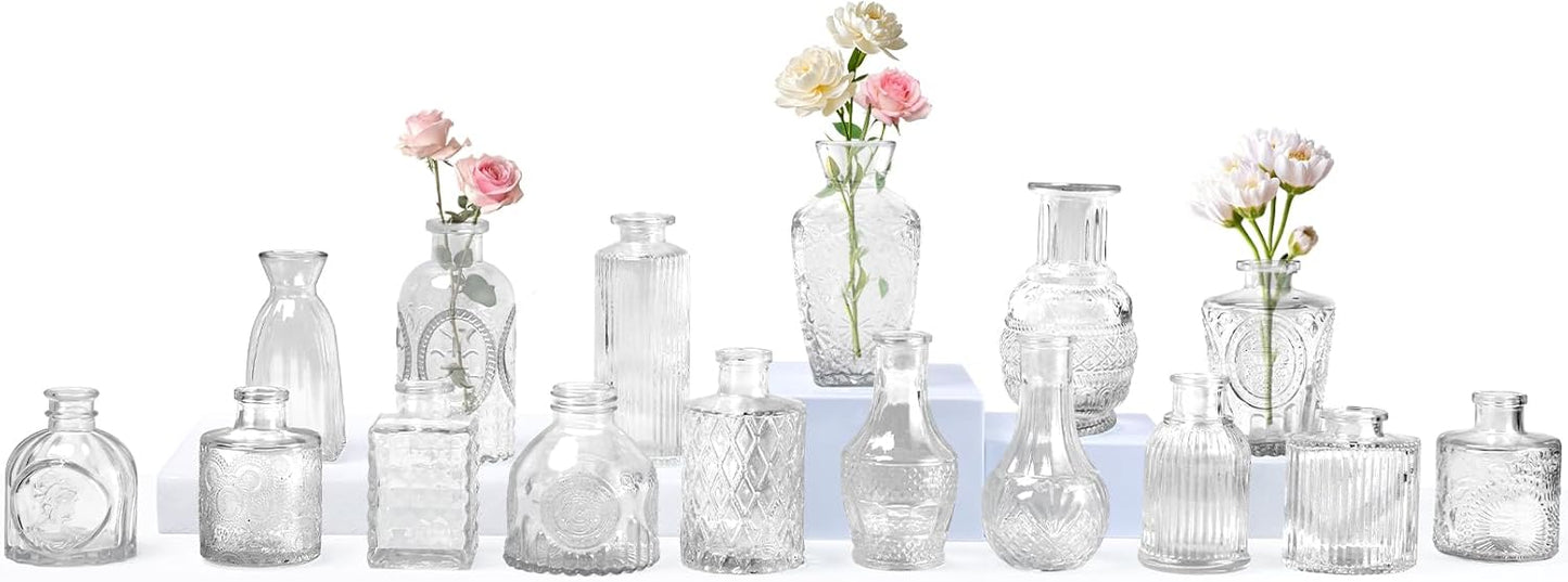 Glass Bud Vase Set of 16, Small Vases for Flowers, Mini Vintage Vase for Centerpieces, Clear Flower Vases for Wedding, Table, Party, Home Decor