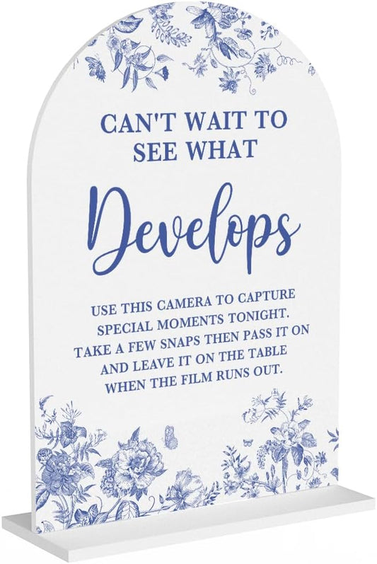 Acrylic Wedding Signs, Dusty Blue Wedding Decor, Blue Weddings Decor, Modern Calligraphy Arch Acrylic Table Top Sign for Weddings Parties Dinners - Can't Wait to See What Develops (White)