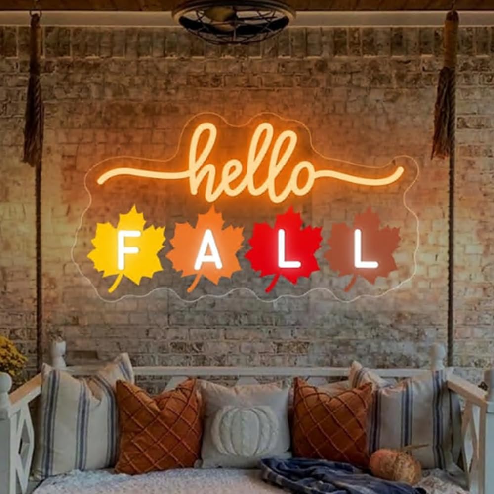 Hello Fall Leaves LED Neon Sign, Fall Home Bedroom Decor Neon Light UV Printing Autumn Party Garden Sign Thanksgiving Door Wall Décor Size:18x 9inches