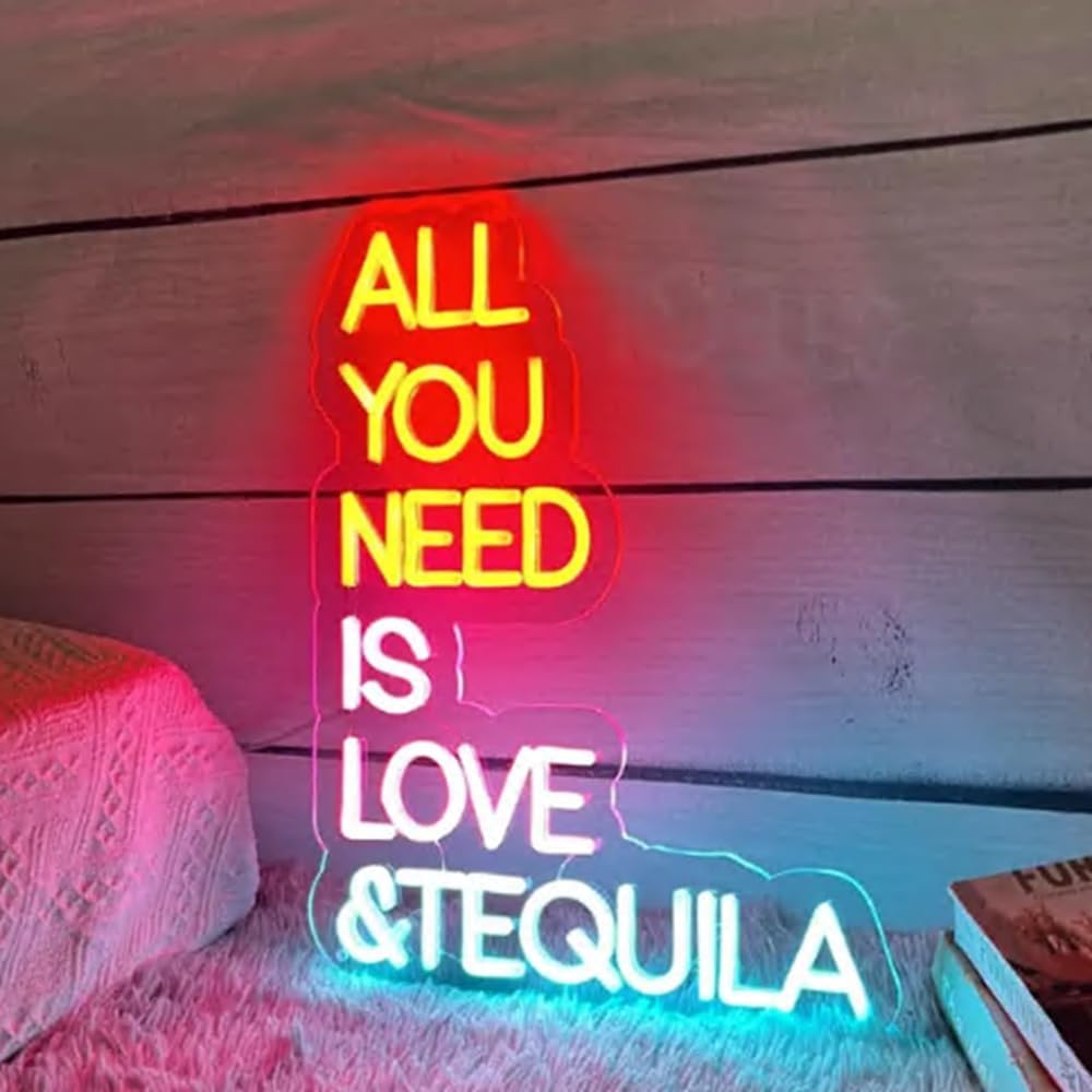 All You Need Is Love & Tequila Neon Sign, Custom Bar Neon Light Home Bar Cocktail Wall Decor Quote Tequila Alcohol Sign USB Size:14x10inch