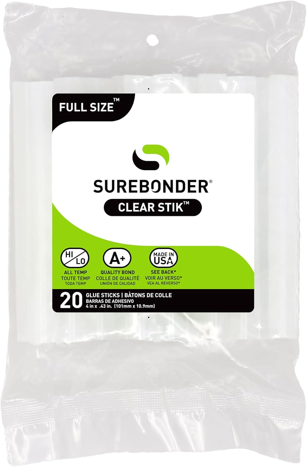 Surebonder Full-Size Hot Glue Sticks for Craft, DIY, and Repairs, All Purpose, All Temperature - 4-Inch Length - 20 Pack, Clear