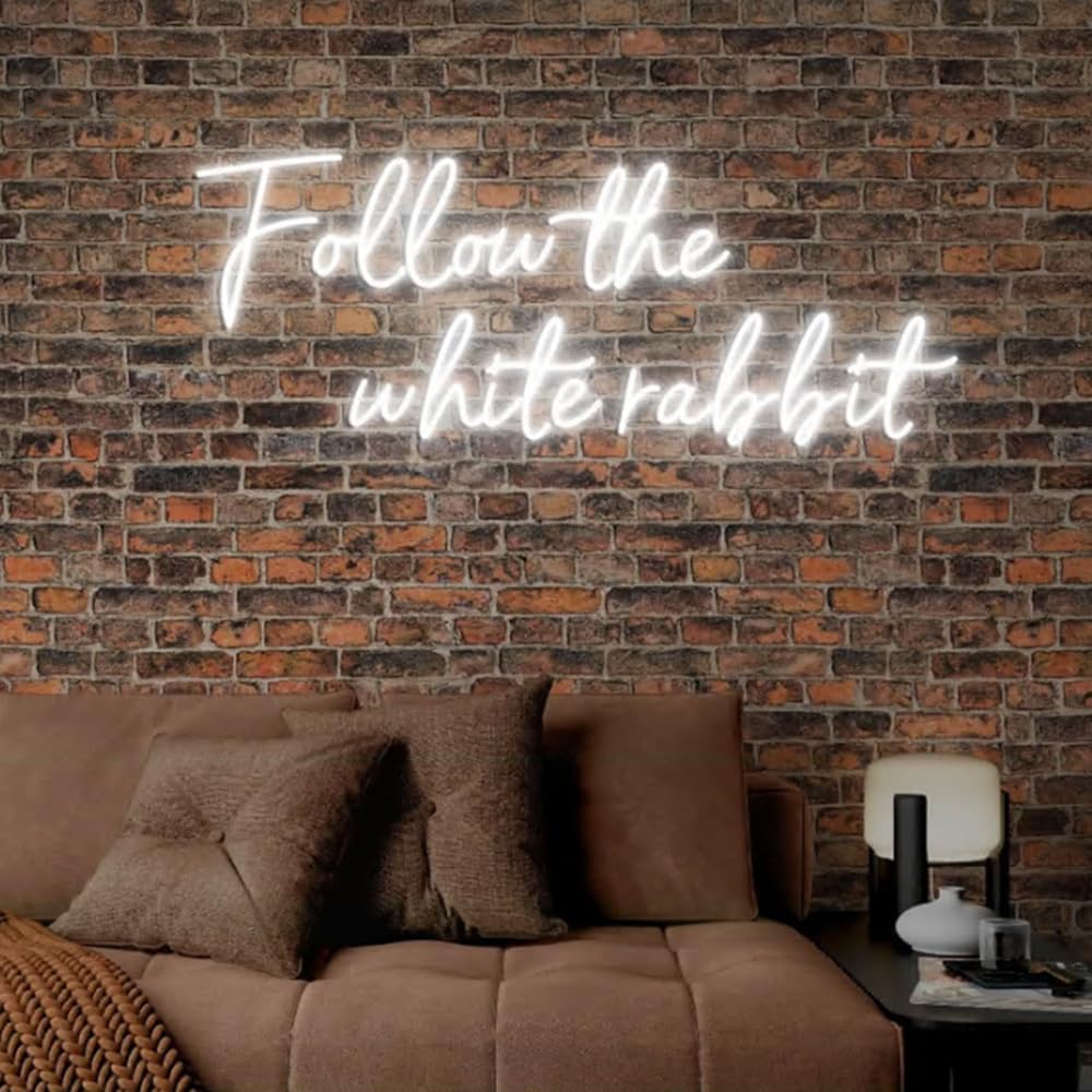 Follow the White Rabbit Custom Neon Sign Bedroom Led Light Home Decor, Wall Room Party Decorations Size:H9 xW24inches