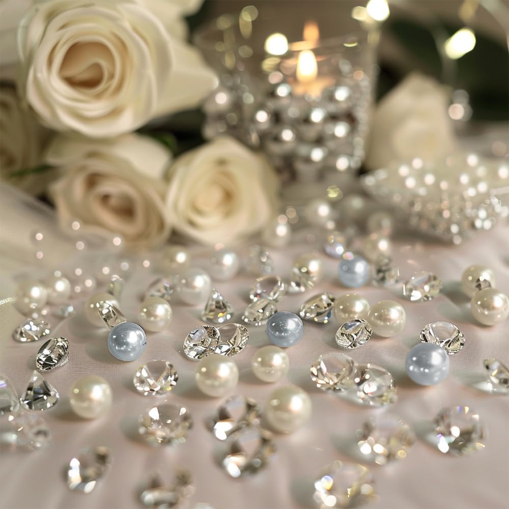 HappyFiller 1075 PCS Floating Pearl Beads,Marbles for Vases Fillers,Wedding Centerpiece,Ivory Faux Pearls Fake Crystal Diamonds and 10g Clear Water Beads,Table Scatters,Party Decoration 14 OZ