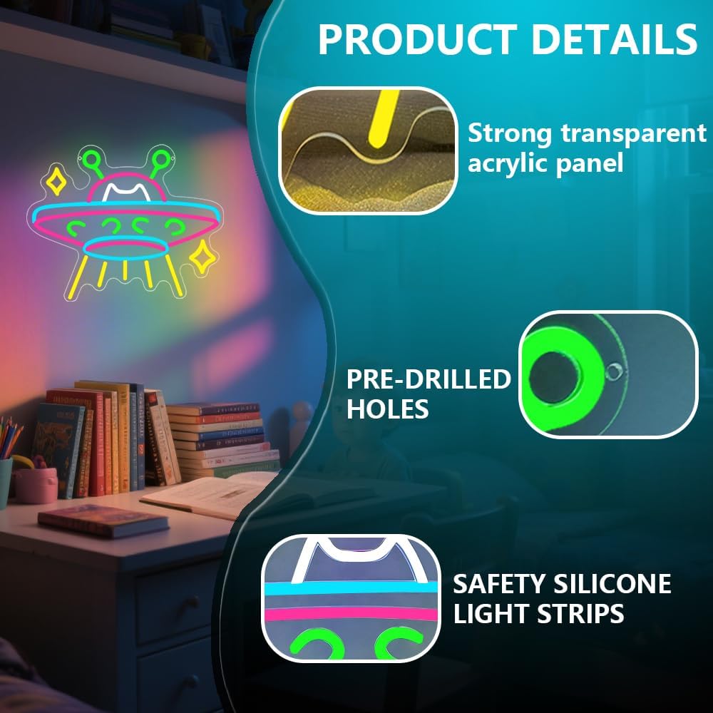 UFO Neon Sign,Cat Dimmable LED Light Signs for Wall Art Decor,Space Backdrop for Game Room Bedroom Club Party Man Cave,Gift for Boys Teen Men USB Powered（15"*12.1"）