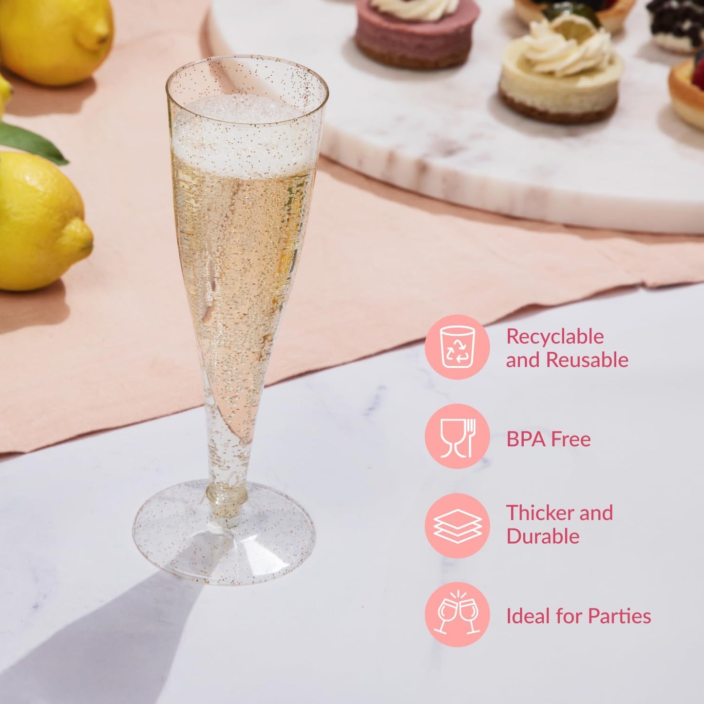 Prestee 48 Pack Champagne Flutes Plastic Disposable - Gold Glitter Flute Glasses for Champagne, Mimosa Bar, New Year's Eve 2025 Party Supplies, Wedding, Shower, Event - 4.5 oz Fairy Stemware