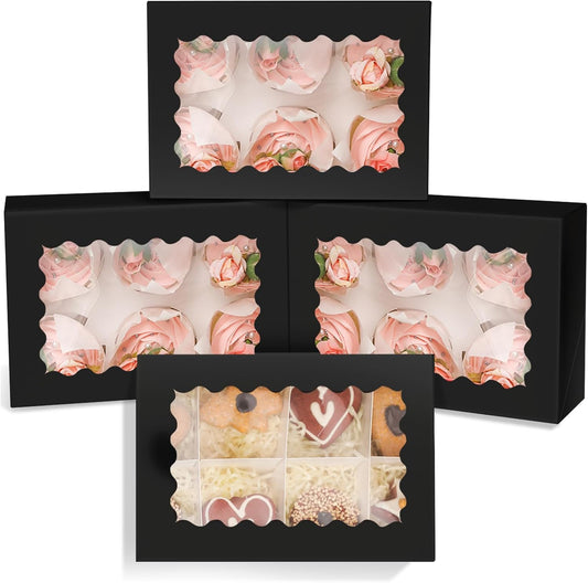 qiqee Black 6 Cupcake Boxes with Window Auto-pop up 30 Packs Cupcake Box 9"x6.1"x3.3" Bakery Boxes For Cupcakes Carrier, Cupcake Containers