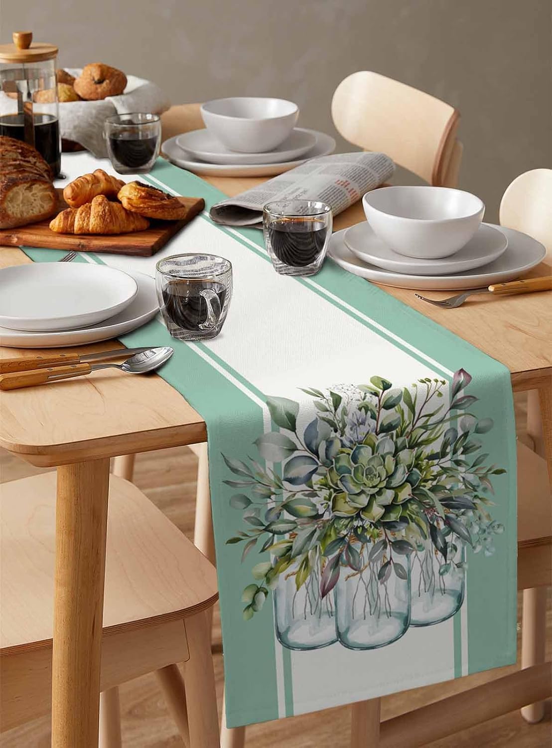 Eucalyptus Cotton Linen Table Runner for Dining Kitchen, Wedding Outdoor Party Tablerunners Decoration, Green Leaves Botanical Plants Watercolor Dresser Scarf Coffee Tablecloth Runners 13x120 Inches