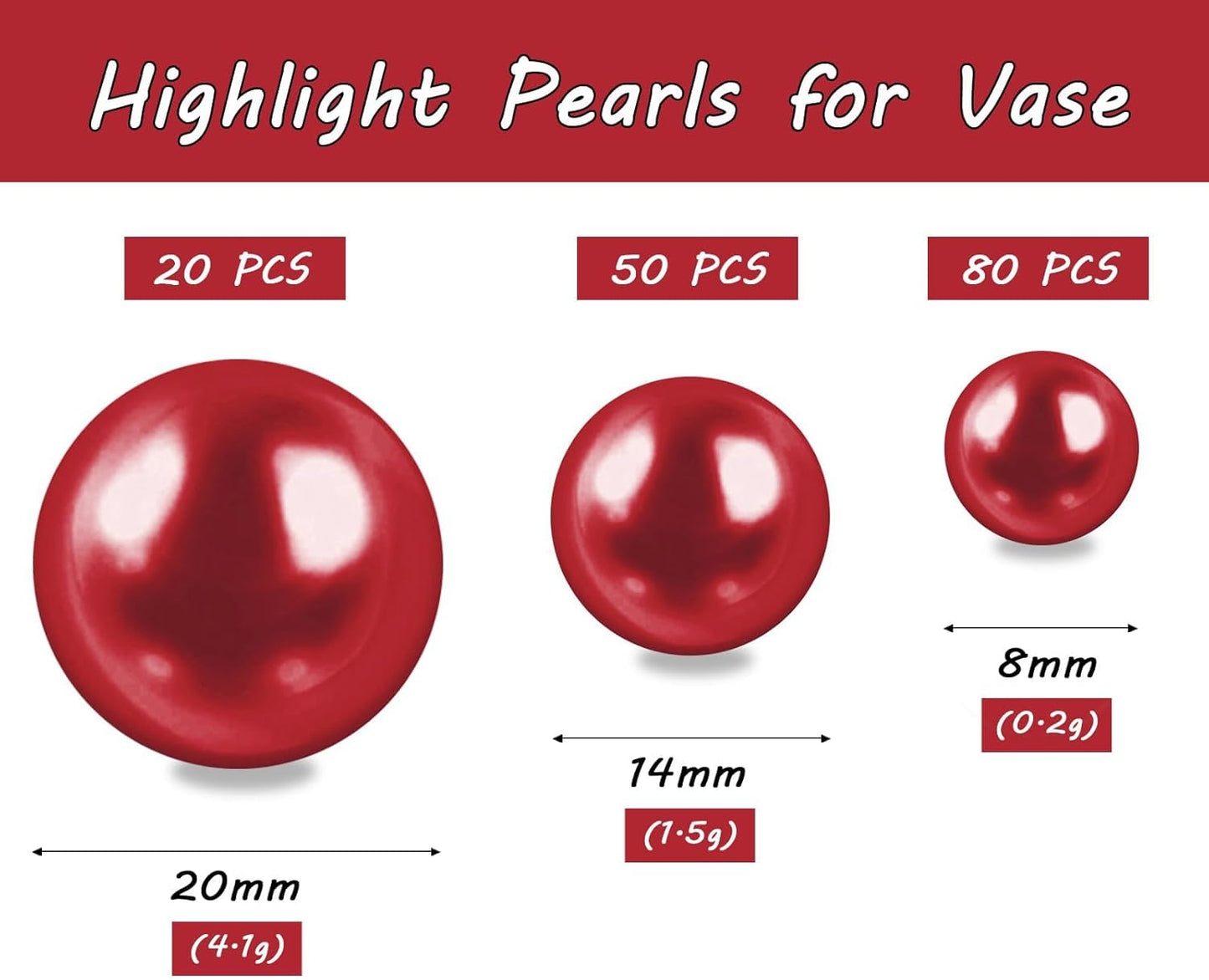 150Pcs Red Polished No Hole Faux Pearl Beads for Vase Filling Decorations, Plastic Pearls Vase Fillers, Table Scatters, Wedding Centerpiece, Home Decor, 8/14/20 mm