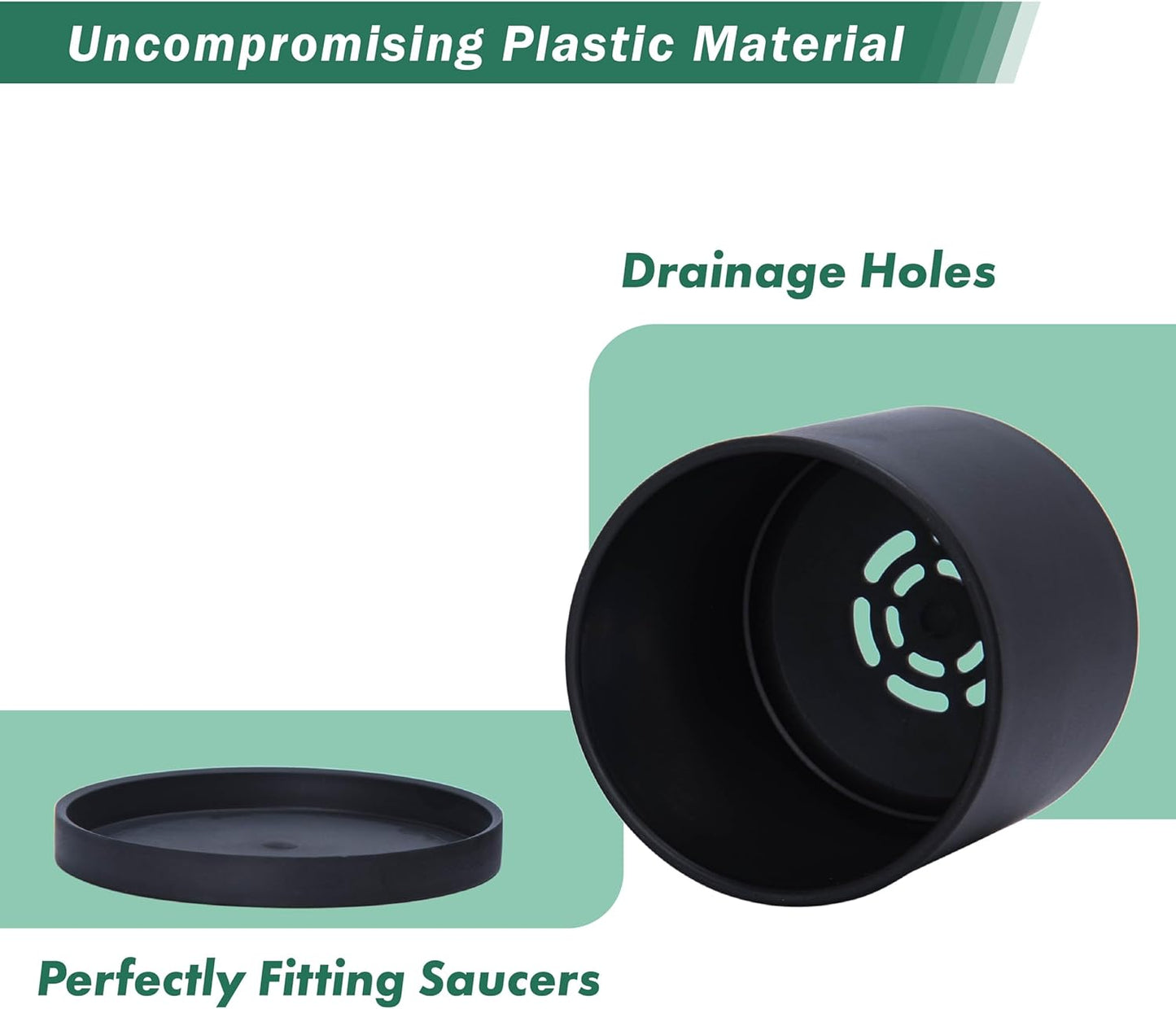 D'vine Dev 6 Pack 4 Inch Modern Plastic Plant Pots, Small Garden Planters for Plant with Drainage Holes and Saucers, Black Color, 74-Y-E-3