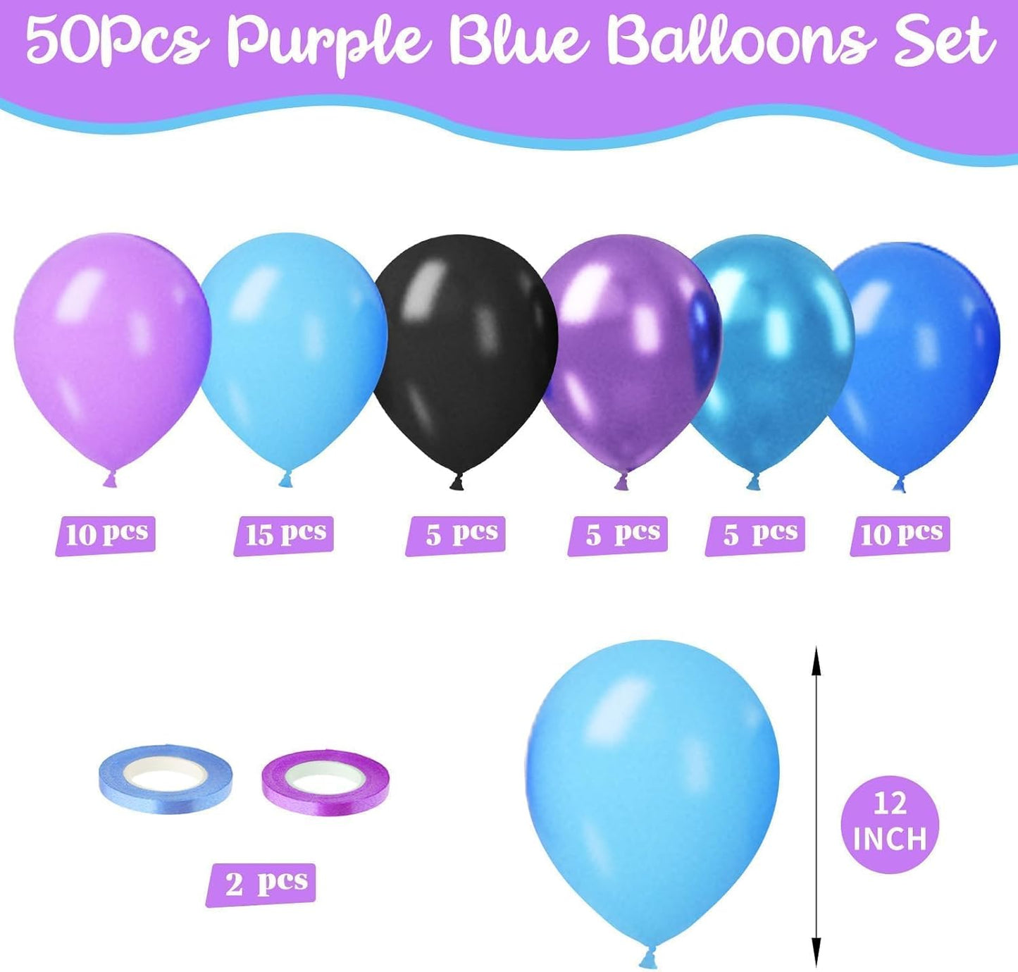 Paready Purple Blue Balloons Set, 50pcs 12 Inch Metallic Blue Purple Latex Balloons Helium For Boys Birthday Space Theme Party Decorations