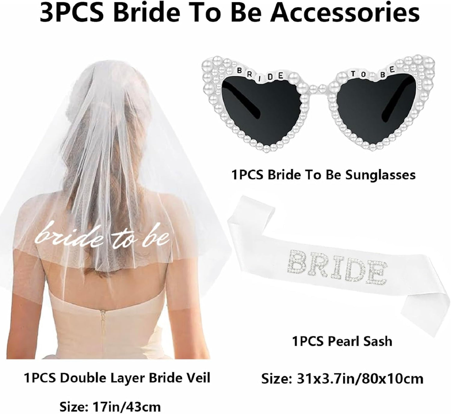 3PCS Bride To Be Veil White Print Bridal Veils Bride Sash and Pearl Sunglasses for Bachelorette Party