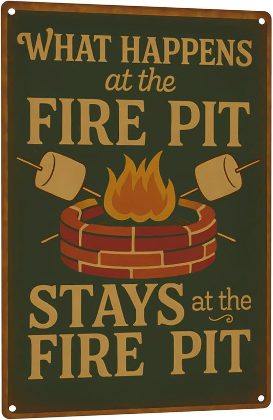 Funny Firepit Metal Sign - "What Happens at the Firepit" Outdoor Wall Decor for Patio, BBQ, Grill, or Campsite - Great Gift for Campers & Dads - 8" x 12"