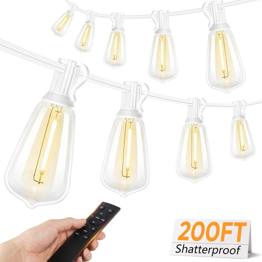 Brightever Outdoor String Lights with Remote, 200FT LED Patio Lights with 62 ST38 LED Filament Bulbs, 3 Lighting Modes, 3H/5H Timer, Waterproof IP65 String Light for Outside, E12 Socket Base, White