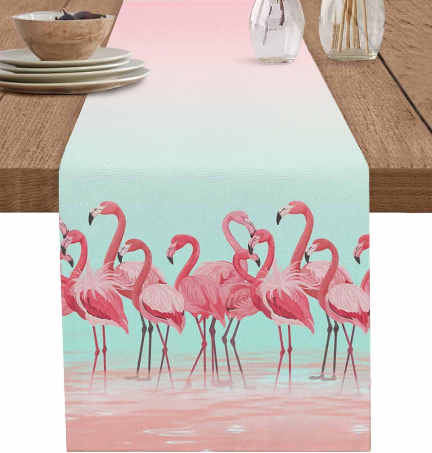 Tropical Flamingo Cotton Linen Table Runner for Dining Kitchen, Wedding Outdoor Party Tablerunners Decoration, Pink Bird Coastal Nautical Animal Dresser Scarf Coffee Tablecloth Runners 13x48 Inches