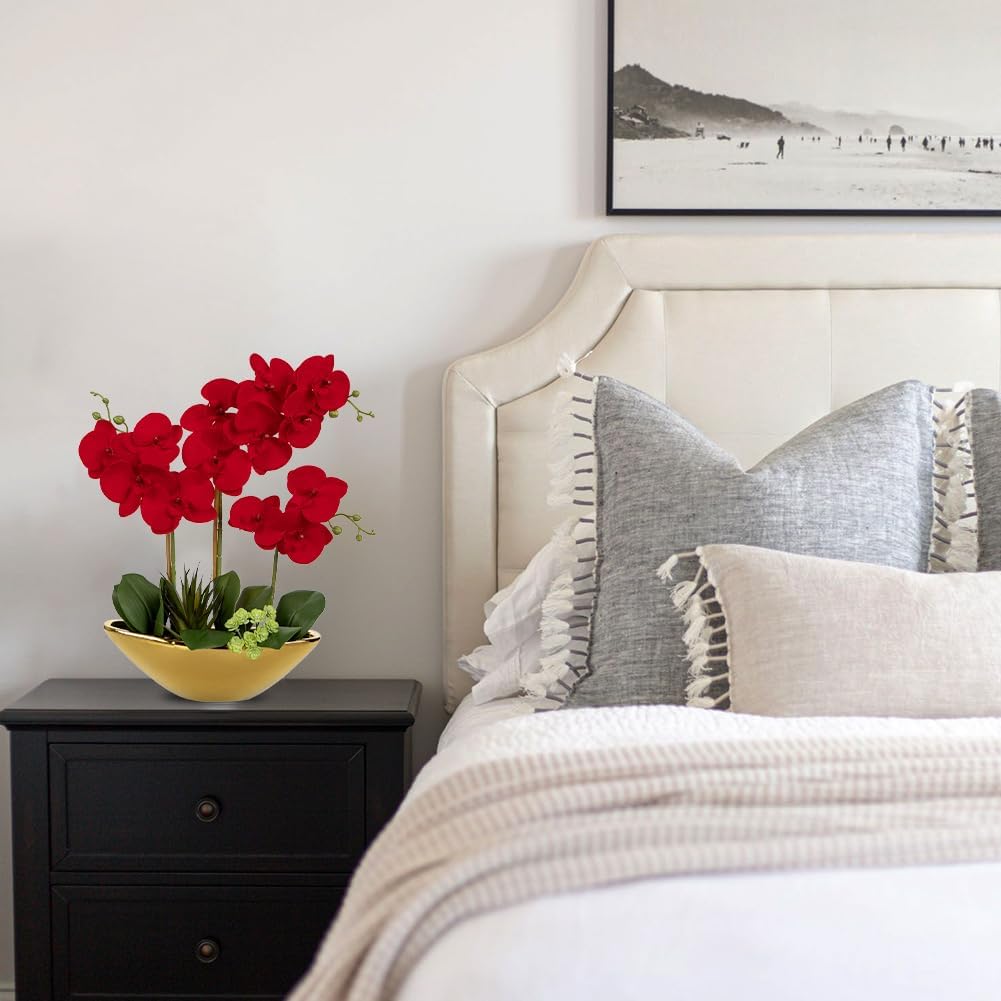 Briful Orchid Artificial Flowers 17in Red Fake Orchid Silk Flowers in Gold Ceramic Vase Faux Phalaenopsis Arrangement for Home Office Room Dining Table Centerpiece Modern Decor