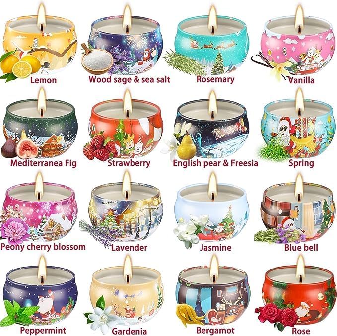 16 Pack Christmas Scented Candles Gift Set 2.5oz Strong Fragrance jar Candles Natural Soy Wax Candles Portable Travel Tin Jar Candles Gifts for Home Scented Decoration Birthday Valentine'sDay
