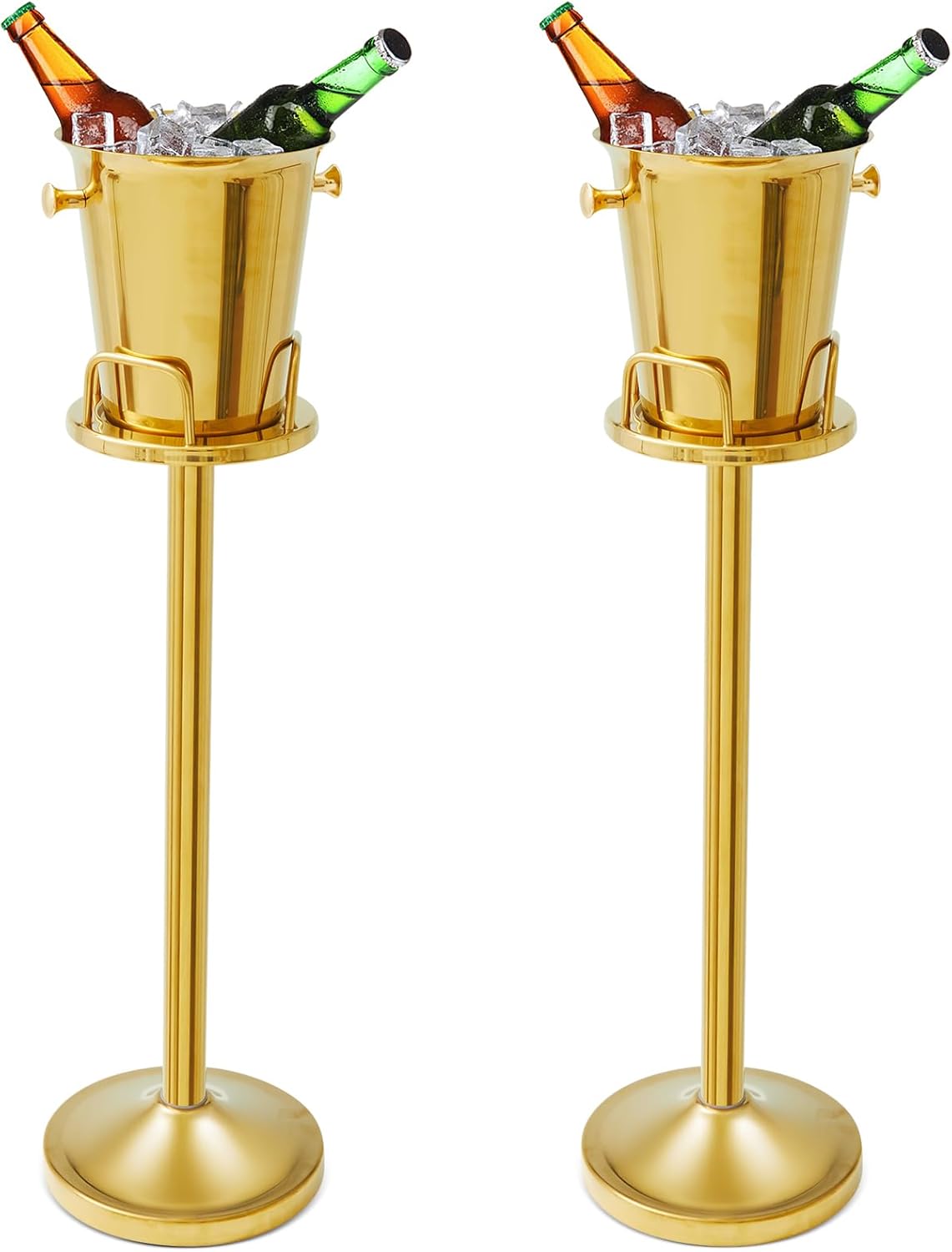 Lallisa 2 Pieces Wine Ice Bucket with Stand Stainless Steel Standing Champagne Ice Bucket Cube Container on Stand for Beer KTV Club Bar BBQ Wedding 35.8in 5L (Gold)