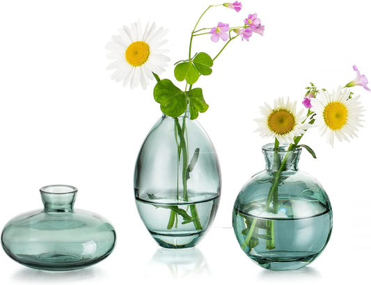 Glass Bud Vases Set of 3, Hewory Cute Green Small Vases Handmade, Mini Glass Flower Vase for Floral Arrangements, Tiny Centerpiece for Home Office Wedding Party Events Table Decor (Not Include Flower)