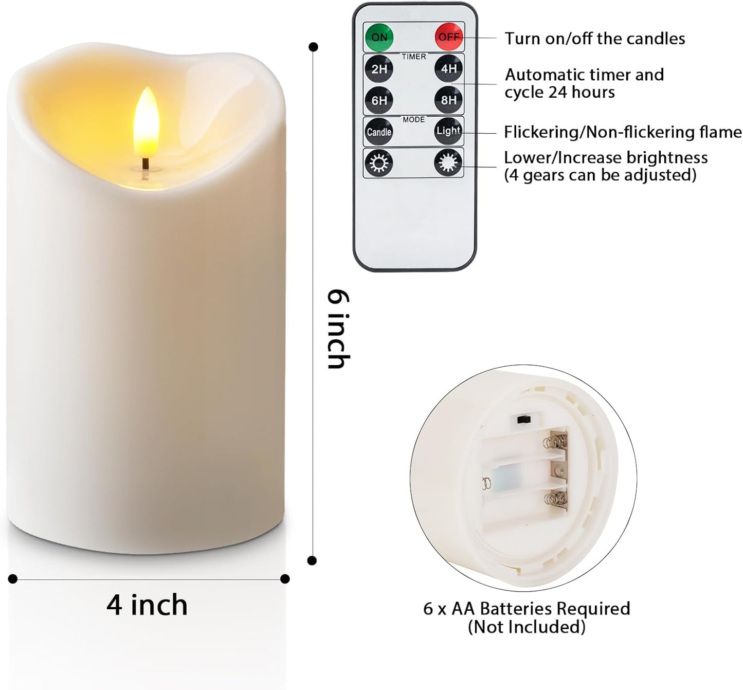 Amagic 4” x 6” Waterproof Outdoor Flameless Candles with Remote, Large LED Candles Battery Operated with Timer, Flickering Fake Pillar Candle for Patio Yard Porch Decor, Ivory White, Set of 2