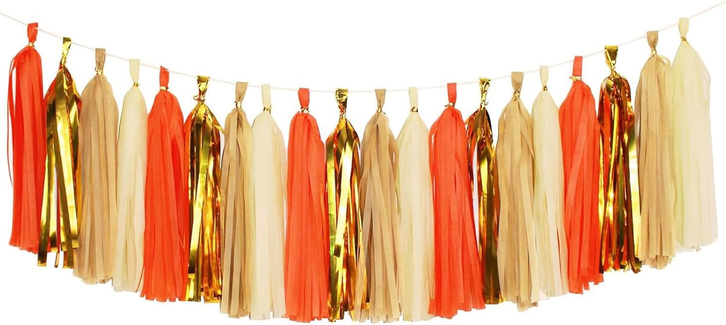 Tassel Garland, Tissue Paper Tassels Banner for Graduation Party Decorations, Thanksgiving, First Birthday Party Decorations, 20 pcs DIY Kits (Orange+Metallic Gold+Tan+Ivory)