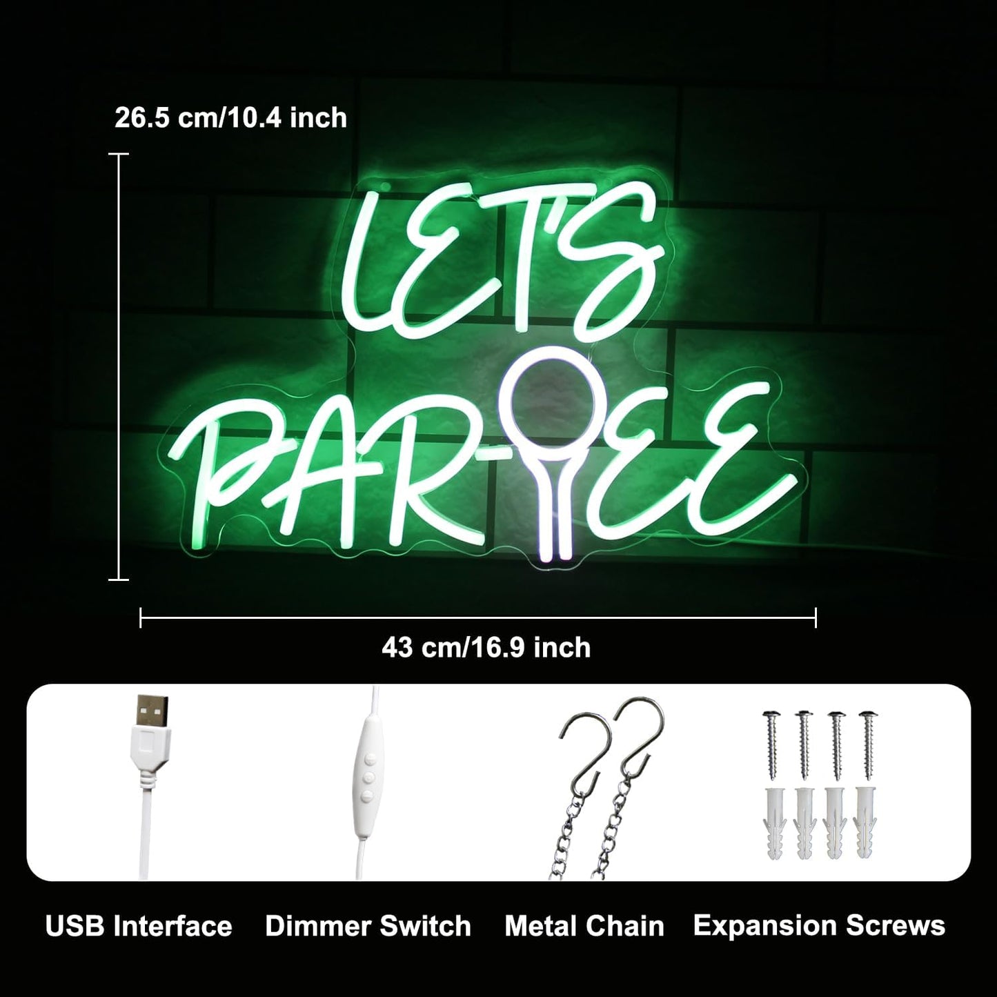 Let's Par Tee Neon Sign for Wall Decor - Green White LED Golf Ball Light - Dimmable Hanging Sign for Golf Club, Bedroom, Man Cave, Party