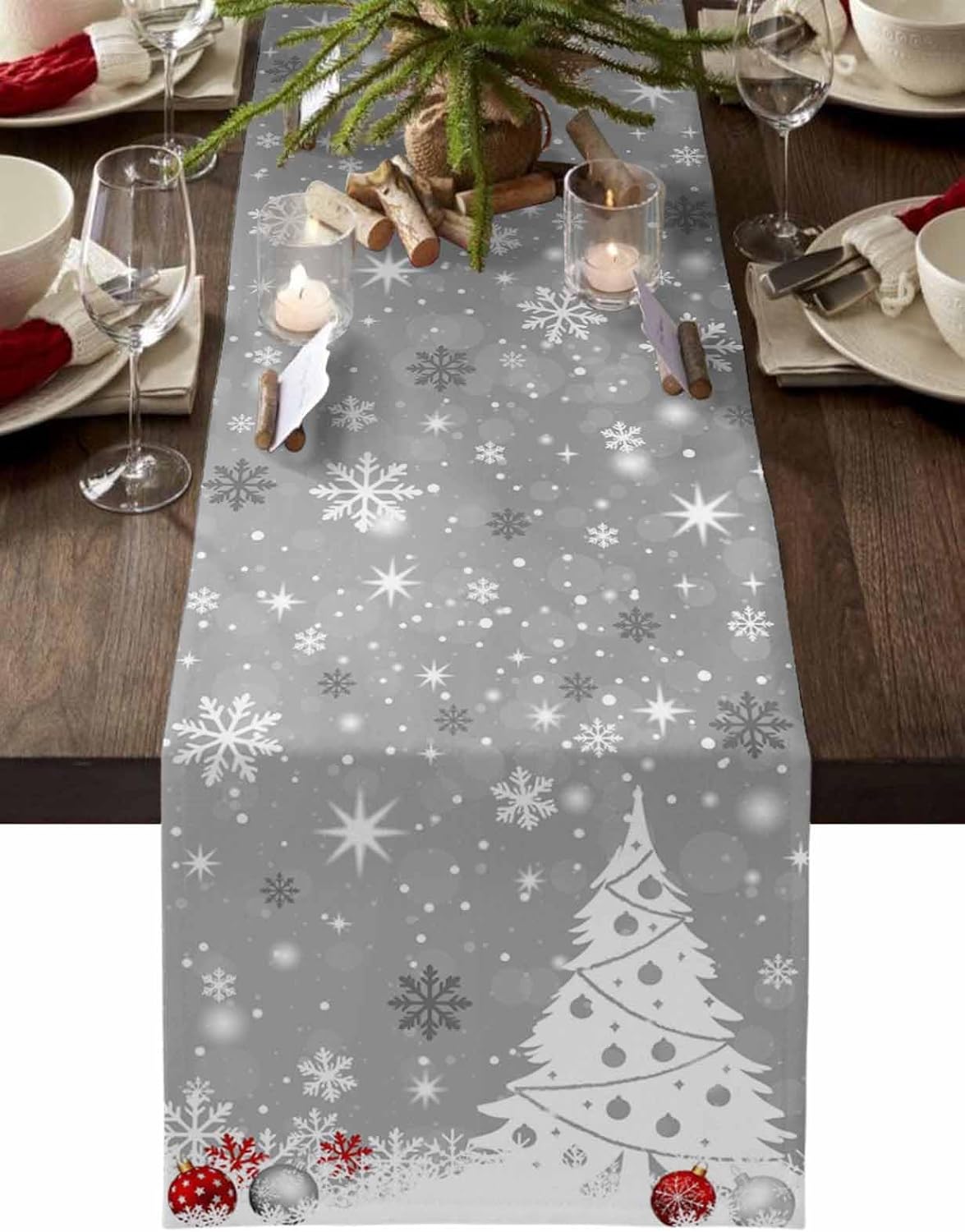 Christmas Snowflakes Cotton Linen Table Runner for Dining Kitchen, Xmas Tree Snow Winter Wedding Outdoor Party Tablerunners Decoration, Grey Balls Dresser Scarf Coffee Tablecloth Runners 13x60 Inches