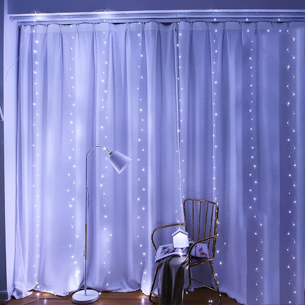 White Curtain Lights for Bedroom,7.9Ftx5.9Ft 144 LED Waterproof USB Powered Twinkle String Lights Wall Copper Fairy Lights with Control & 8 Modes for Room Window Halloween Decorations