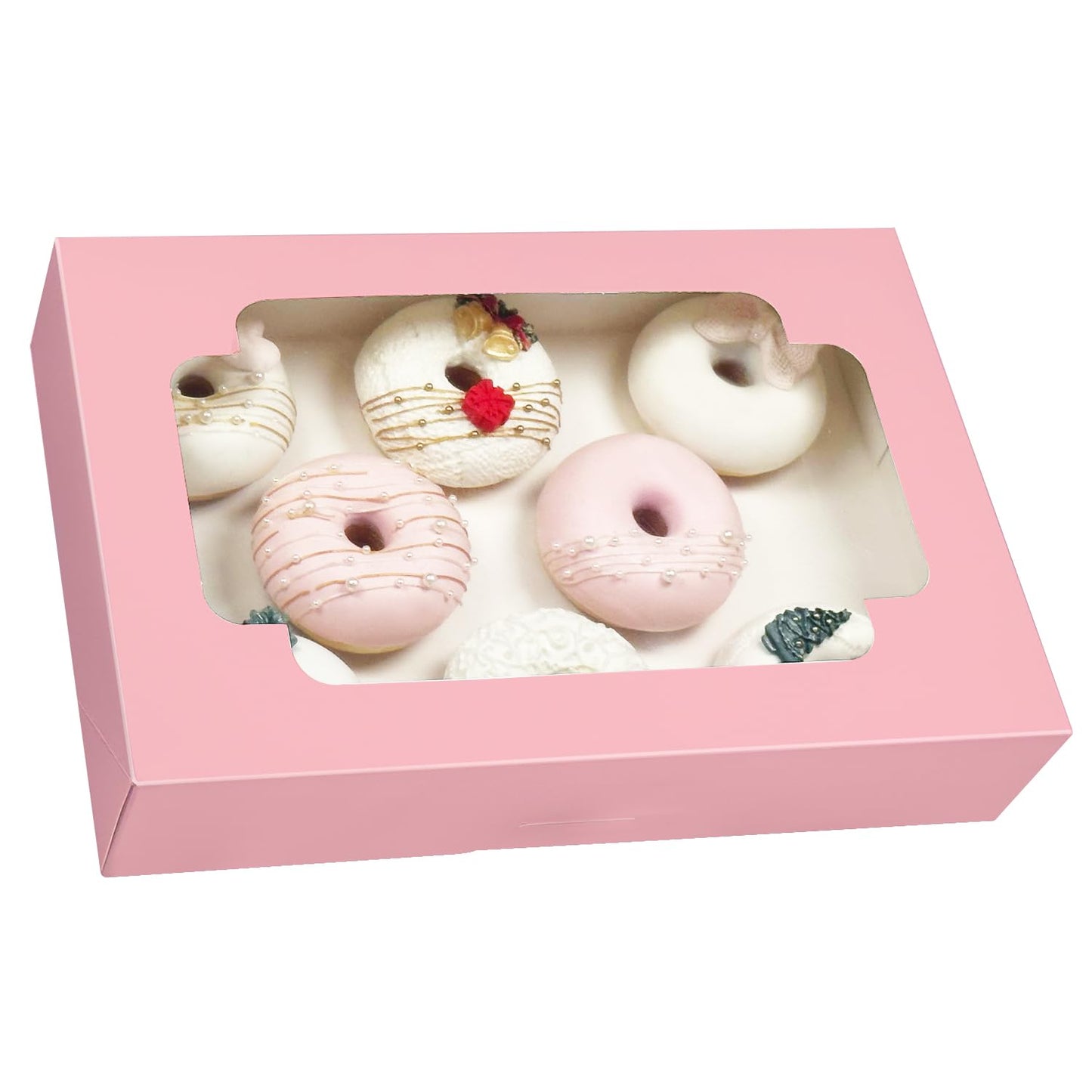 qiqee Auto-pop up Pink Cookie Box with Window 12x8x2.5 inch 32 Packs Two Uses One Second Folding Pastry Biscuit Bakery Box for Packaging