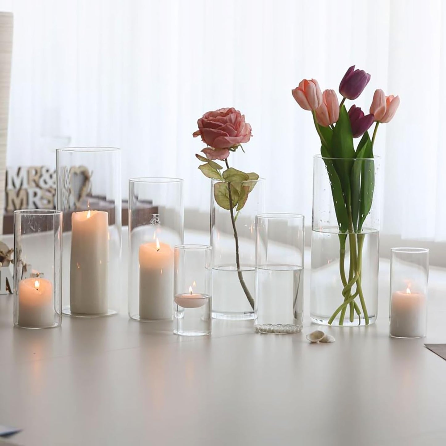 PHOSPHOR 8 PCS Glass Candle Holder, Hurricane Candle Hoder, Glass Pillar Candle Holder, Clear Cylinder Candleholder Cylinder Vase for Centerpieces Wedding Party Decoration