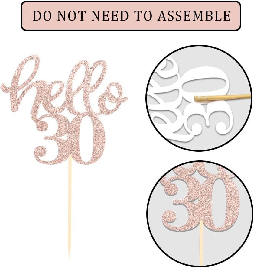 24 Pcs Rose Gold Glitter 30th Birthday Cupcake Toppers for 30th Anniversary Birthday Party Wedding Party Decorations