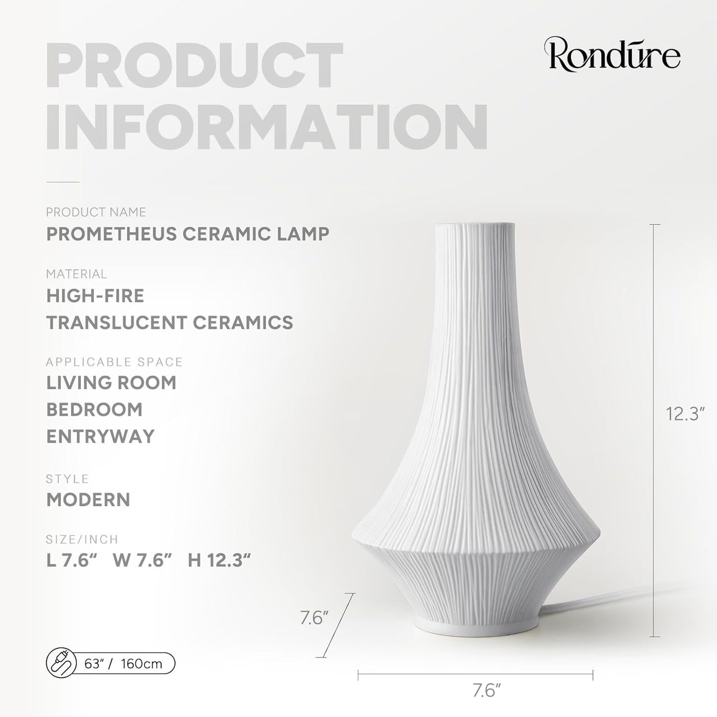 RONDURE 12.3" Modern Ceramic Table Lamp, Modern Bedside Lamps for Bedroom, Living Room and Nightstand, White Translucent Ceramic Shade, Warm Ambient Lighting, Home Decor