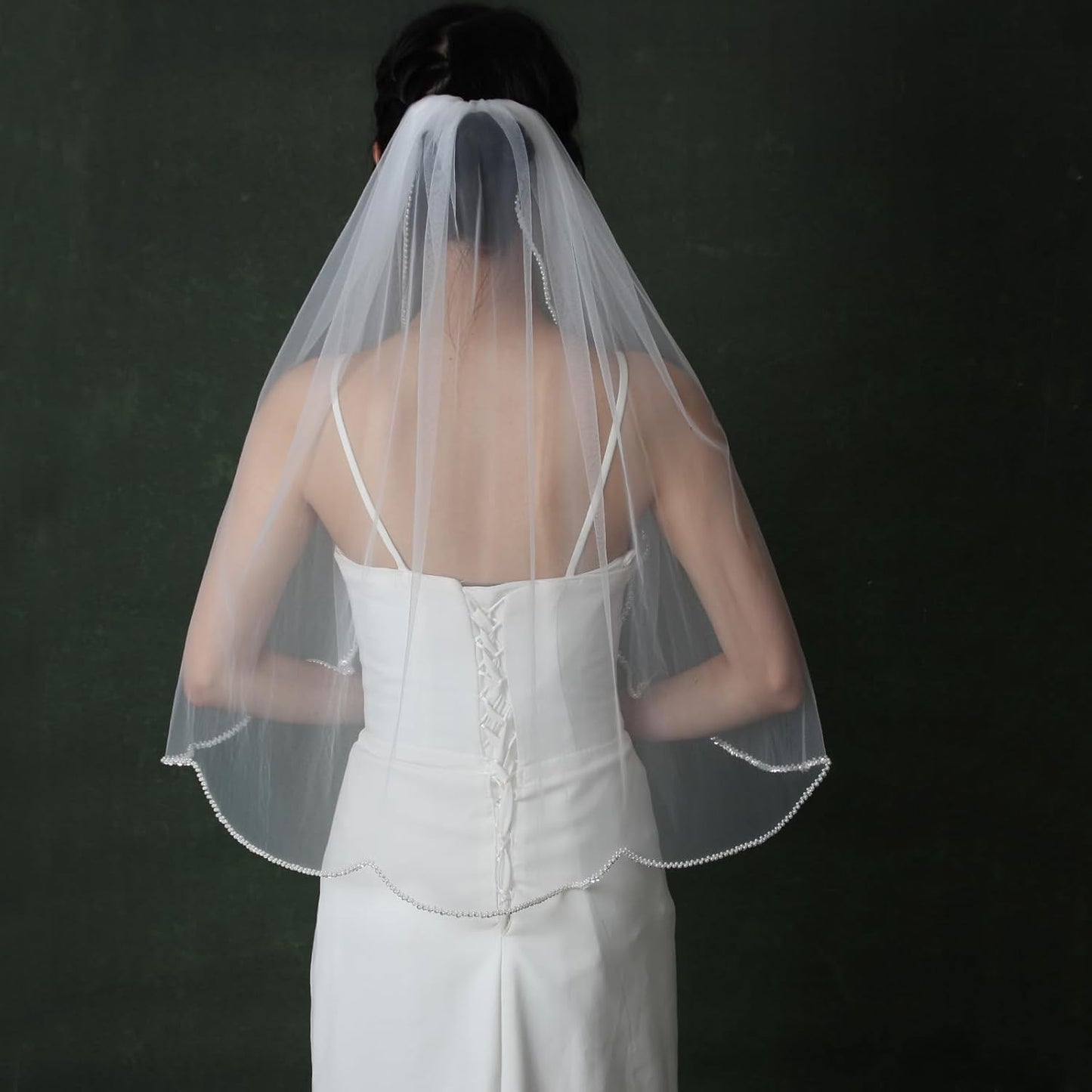 Bridal Veils Pearls and Crystals Beaded Edge Fingertip Length Wedding Veil for Women