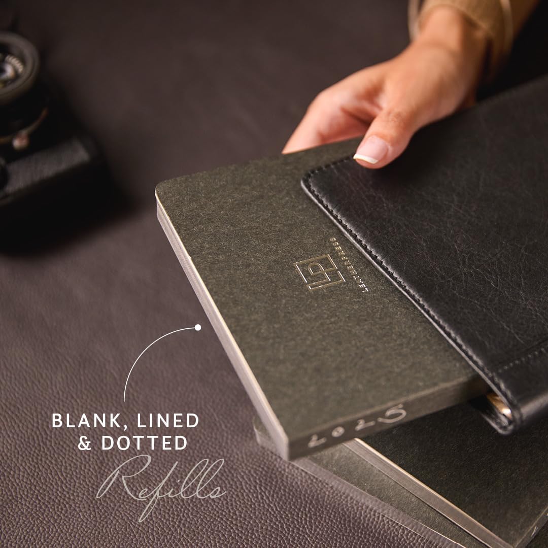 Luxury Leather Refillable Journal/Writing Notebook for Men & Women, Reusable Full-grain Leather Cover, 120gsm Thick Paper, Blank, Dotted, Lined Refills