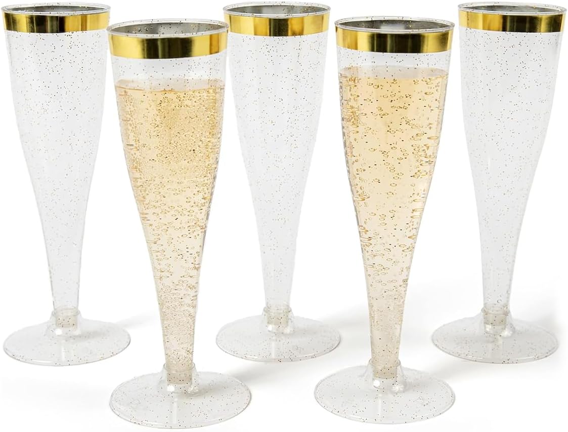 Prestee Set of 24 Plastic Champagne Flutes with Gold Rim - 4.5 oz - Shatterproof Disposable Glasses for Weddings, Cocktail Parties, and Outdoor Celebrations