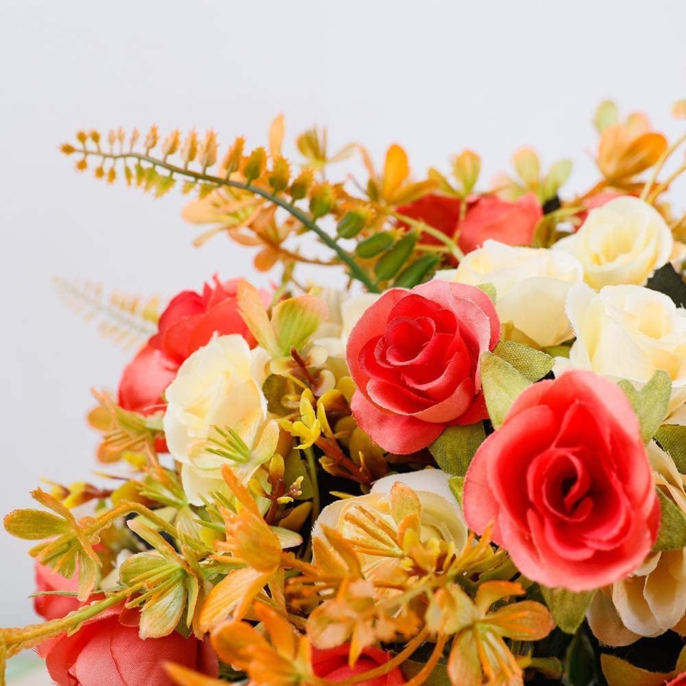 LESING Artificial Fake Flowers with Vase Silk Artificial Roses Wedding Flowers Bouquets Home Office Party Meeting Room Decoration (Sunset-1)