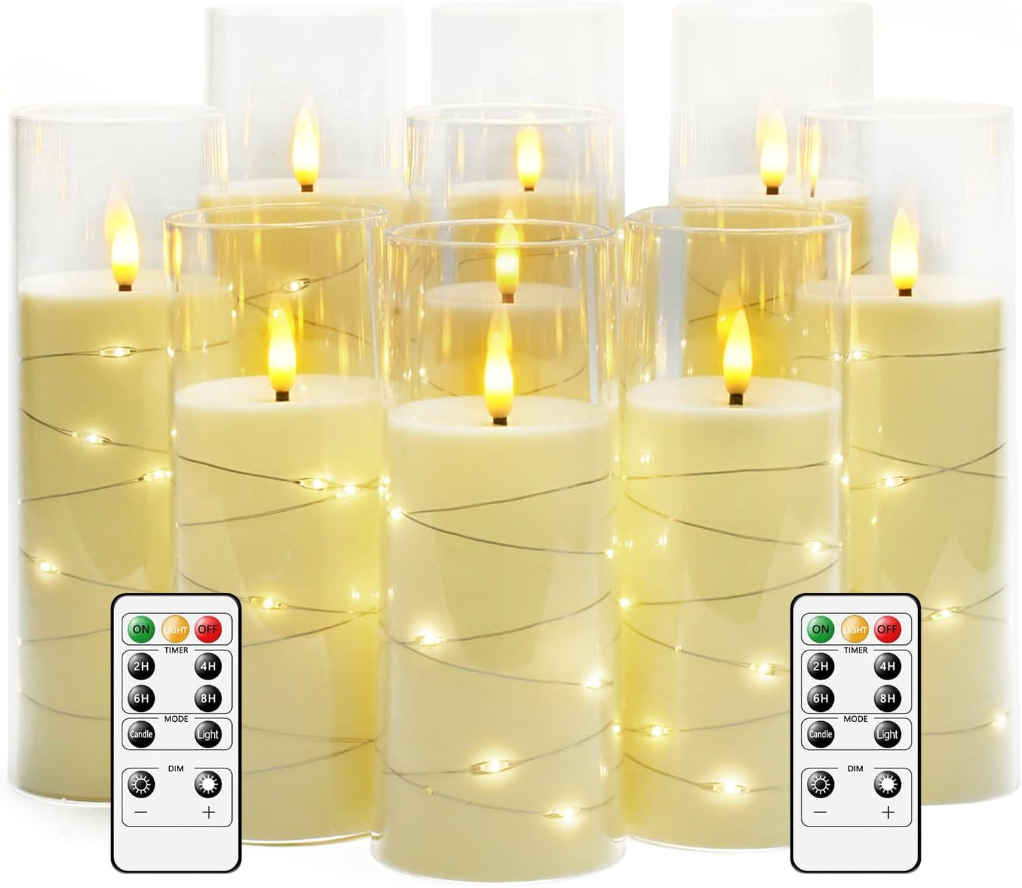 Flameless LED Candles with Timer 9 Pc Flickering Flameless Candles for Romantic Ambiance and Home Decoration Stable Acrylic Shell,with Embedded Star String，Battery Operated Candles（Ivory）