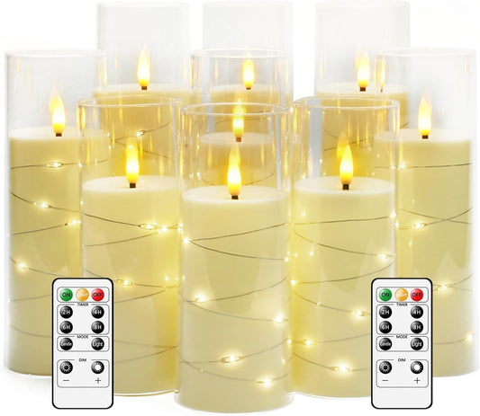Flameless LED Candles with Timer 9 Pc Flickering Flameless Candles for Romantic Ambiance and Home Decoration Stable Acrylic Shell,with Embedded Star String，Battery Operated Candles（Ivory）