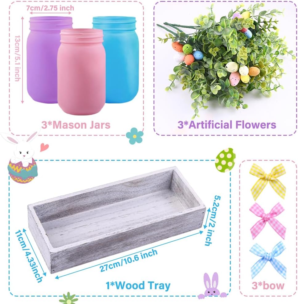 DIYDEC 3PCS Easter Mason Jars 3 * 5Inch Easter Painted Tiered Tray Decorative Jars with Wood Tray &Artificial Flowers Farmhouse Bottles for Holiday Spring Home Table Centerpiece Decor Gifts