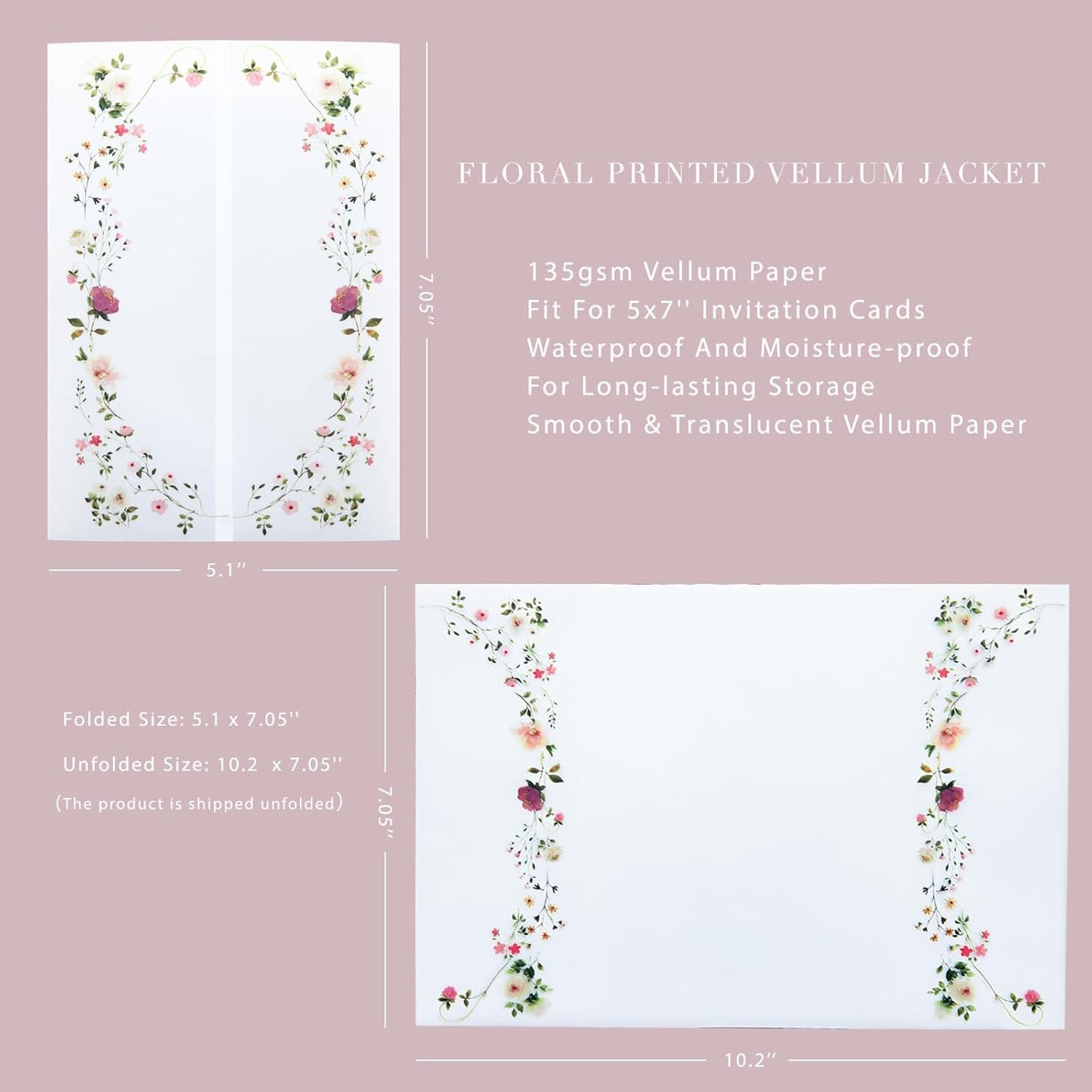 PONATIA 50PCS Vellum Jackets for 5x7 Invitation Cards- 135GSM Wild Flowers Printed Vellum Sleeves, Quinceanera Wedding Invitation Cards Wraps, Transparent Christmas Gift Cards Jackets