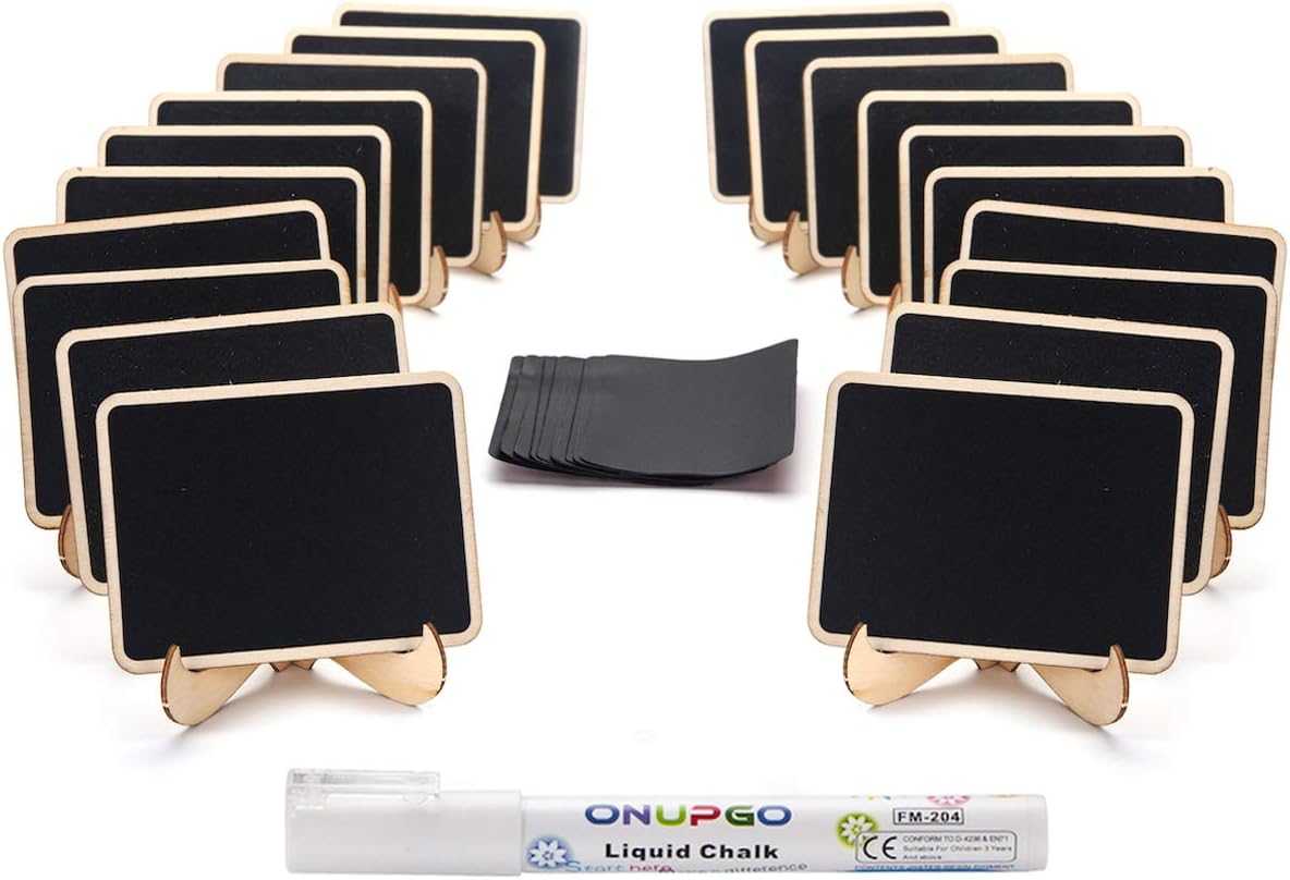 ONUPGO Mini Chalkboard Signs, 20 Pack Small Wooden Chalkboard Labels with Easels Stand, Place Cards, Food Signs, Blackboards for Table Numbers, Weddings Signs, Party Decoration