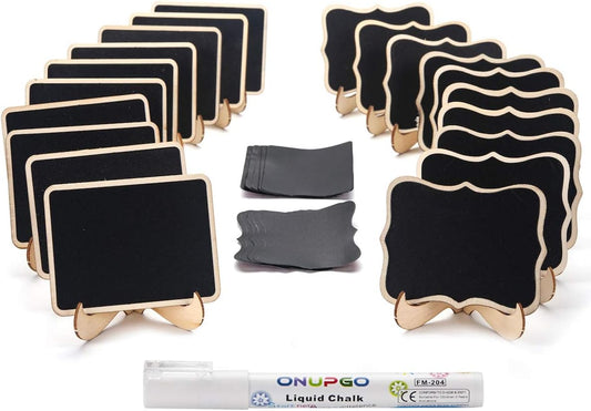 ONUPGO 20 Pack Mini Chalkboards Signs with 1 Liquid Chalk Marker, Small Wooden Chalkboard Labels with Support Easels, Place Cards Food Signs Blackboards for Table Numbers, Weddings, Party Decoration