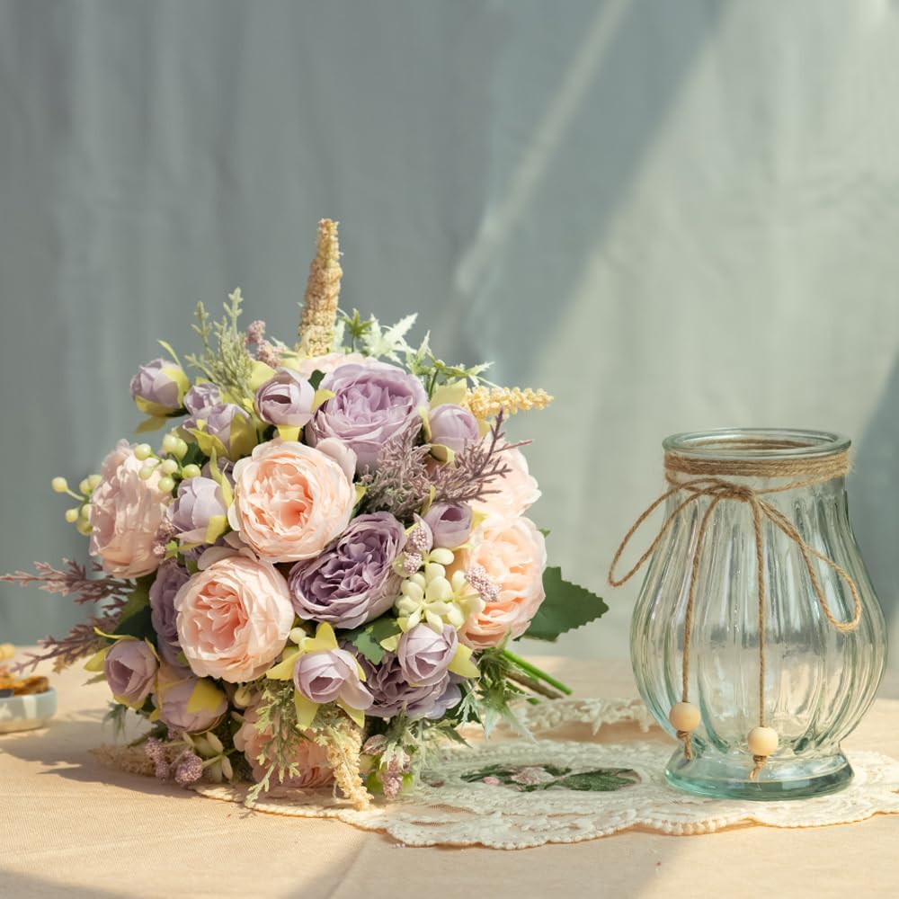 Artificial Peonies Silk Flowers Bouquet in Glass Vase Faux Flowers Bouquets Modern Penoy Arrangement for Home Decoration Table Centerpiece (Bouquet-Pink Purple)