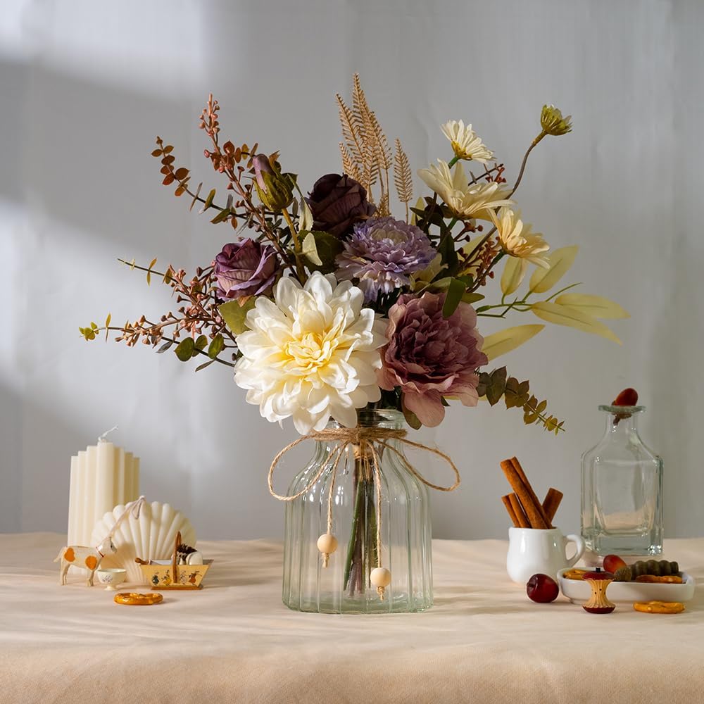 LESING Dahlia Flower Aritificial Flower with Vase Fake Silk Flowers in Glass Vase Faux Rose Flowers Arrangement for Home Office Table Centerpiece Decoration (Purple)