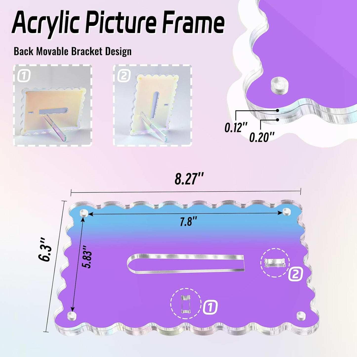Acrylic Picture Frames 3 Pack 5x7 inch Scalloped Iridescent with Detachable Stand, Vertical and Horizontal Tabletop Display, Magnetic Photo Frames for Café/Home/Party/Wedding