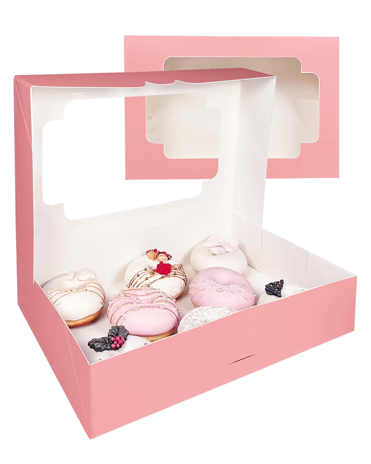 qiqee Auto-pop up Pink Cookie Box with Window 12x8x2.5 inch 32 Packs Two Uses One Second Folding Pastry Biscuit Bakery Box for Packaging