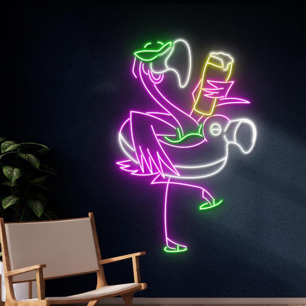 Custom Flamingo Drinking Beer Led Sign, Flamingo Chill Neon Light, Flamingo Pool Party Neon Sign,Flamingo Pool Toy Led Light Room Wall Decor Size:20inches